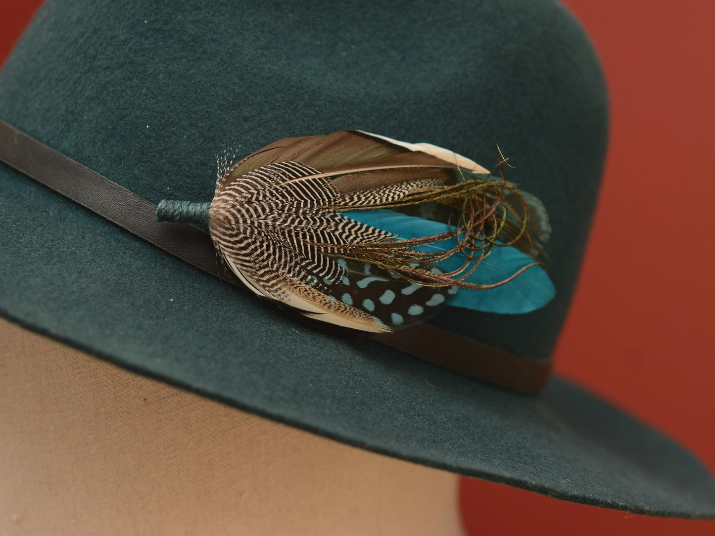 Duck Feather Brooch Pin in Teal and Turquoise No.295 | Unique Duck Feather Boutonniere | Duck Feather Hat Pin