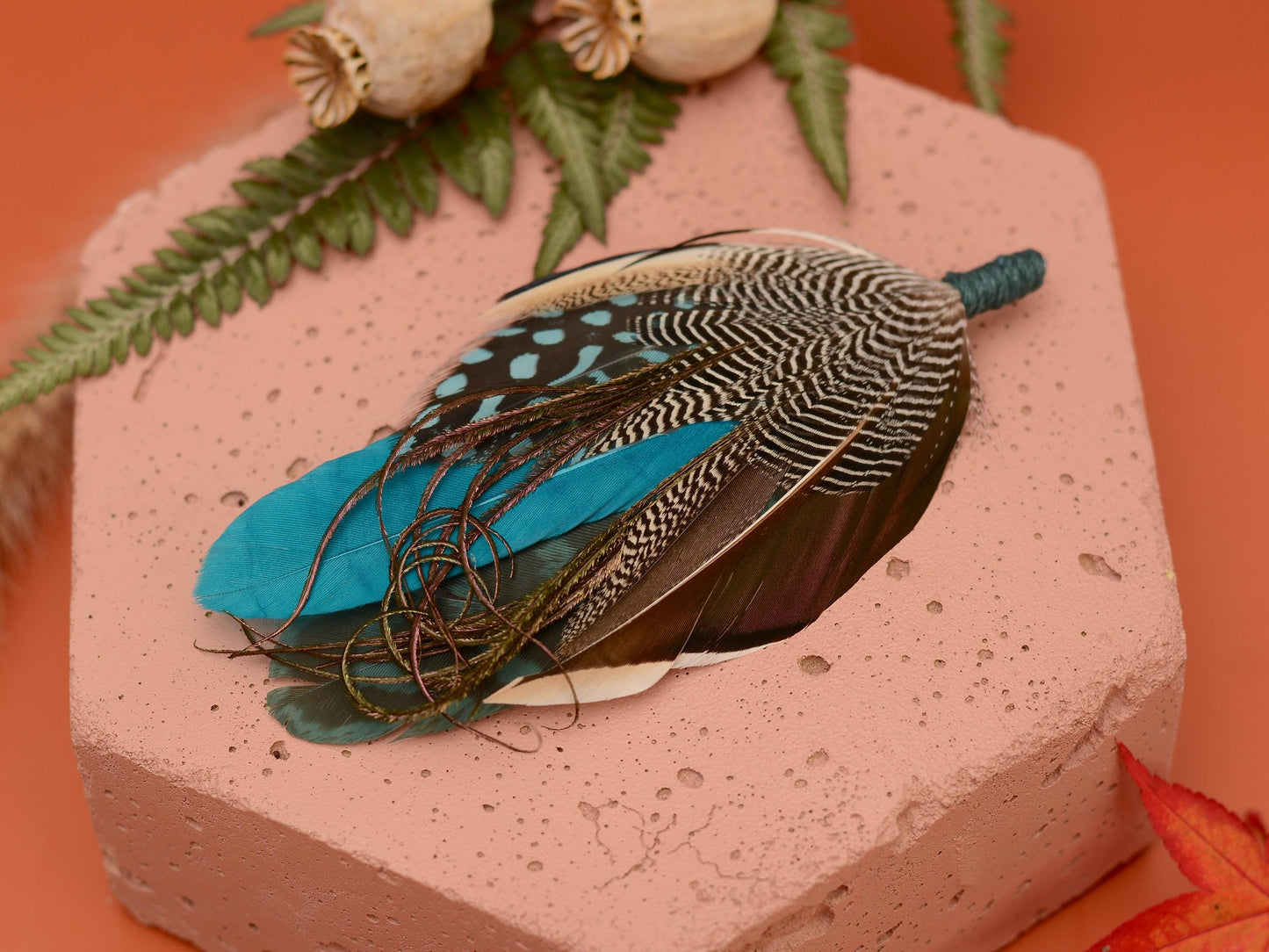 Duck Feather Brooch Pin in Teal and Turquoise No.295 | Unique Duck Feather Boutonniere | Duck Feather Hat Pin