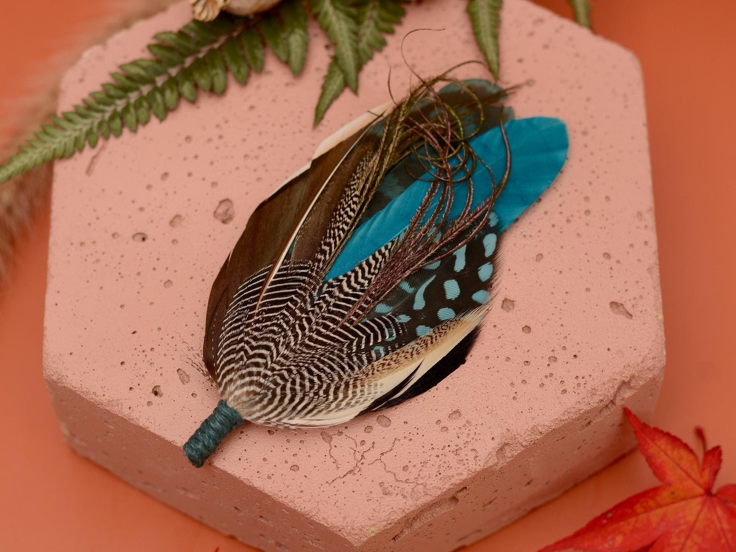Duck Feather Brooch Pin in Teal and Turquoise No.295 | Unique Duck Feather Boutonniere | Duck Feather Hat Pin