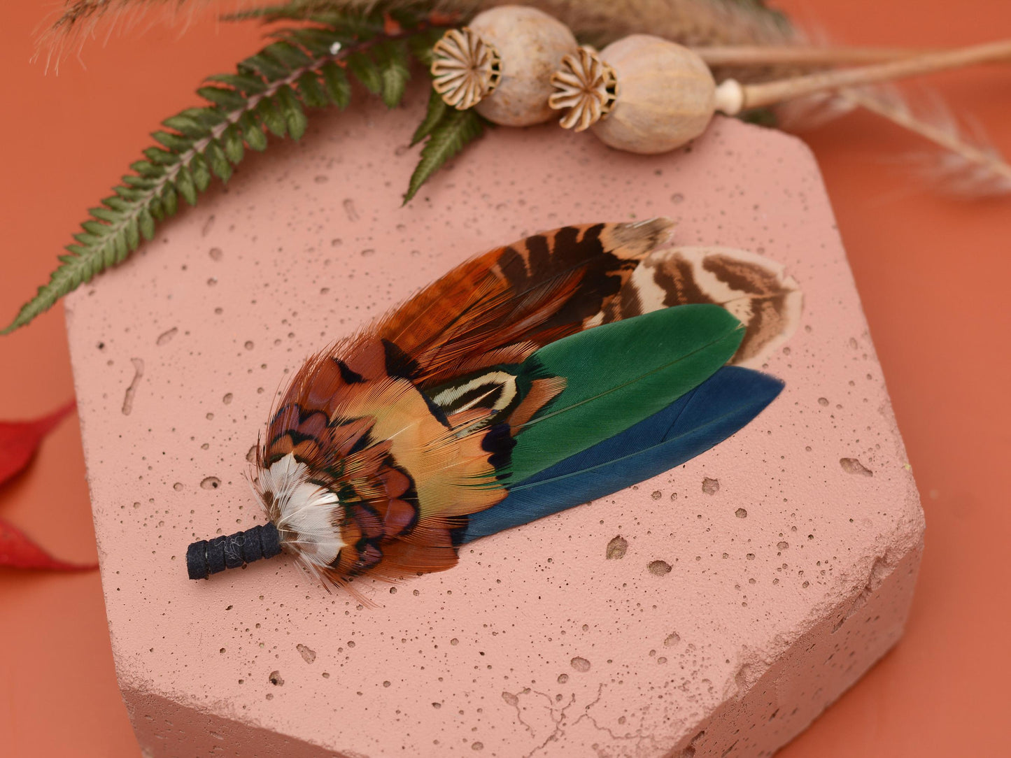 Pheasant and Duck Feather Hat Pin in Copper, Navy and Green No.246 | Unique Pheasant Feather Boutonniere | Duck Feather Brooch