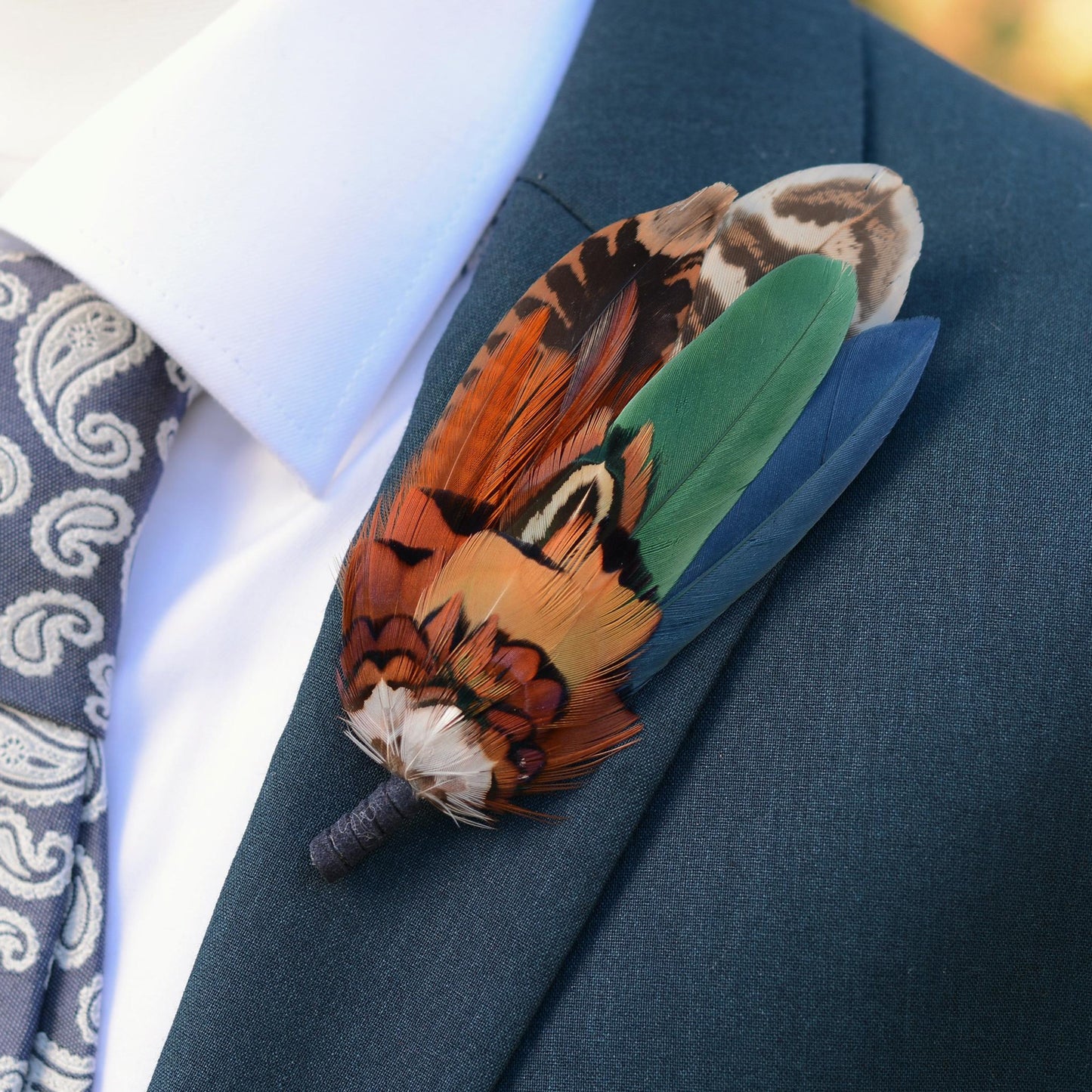 Pheasant and Duck Feather Hat Pin in Copper, Navy and Green No.246 | Unique Pheasant Feather Boutonniere | Duck Feather Brooch