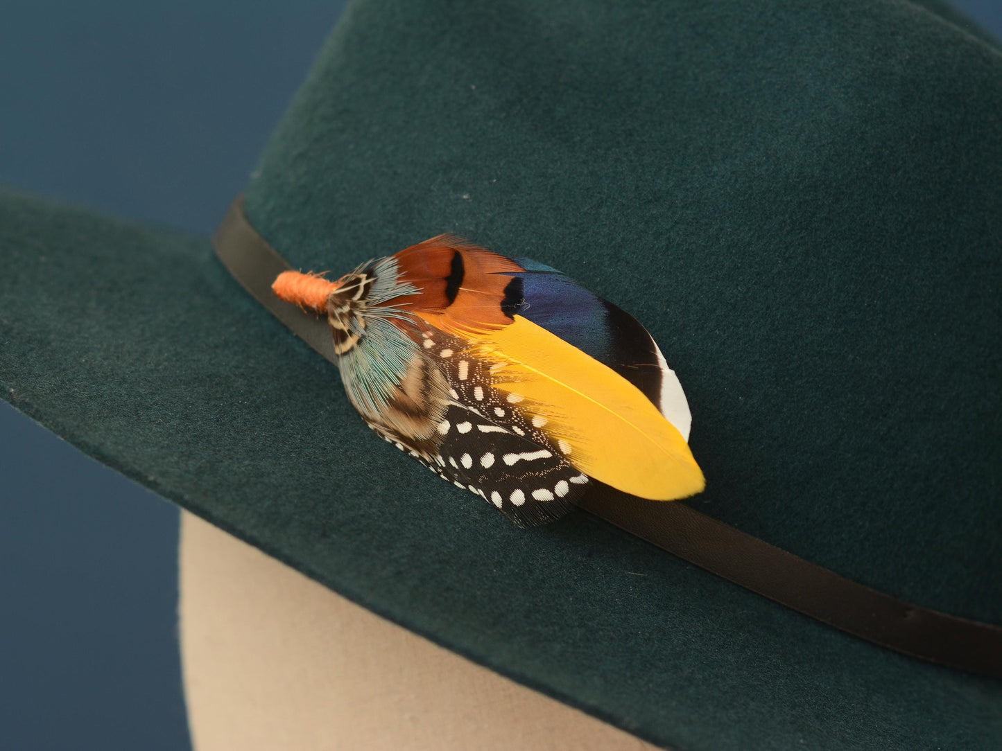 Navy Blue and Mustard Yellow Duck and Pheasant Feather Boutonniere / Feather Hat Pin
