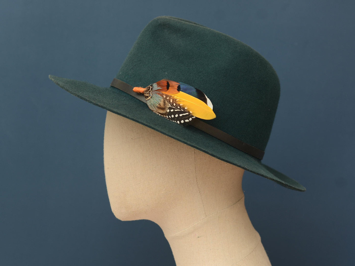 Navy Blue and Mustard Yellow Duck and Pheasant Feather Boutonniere / Feather Hat Pin