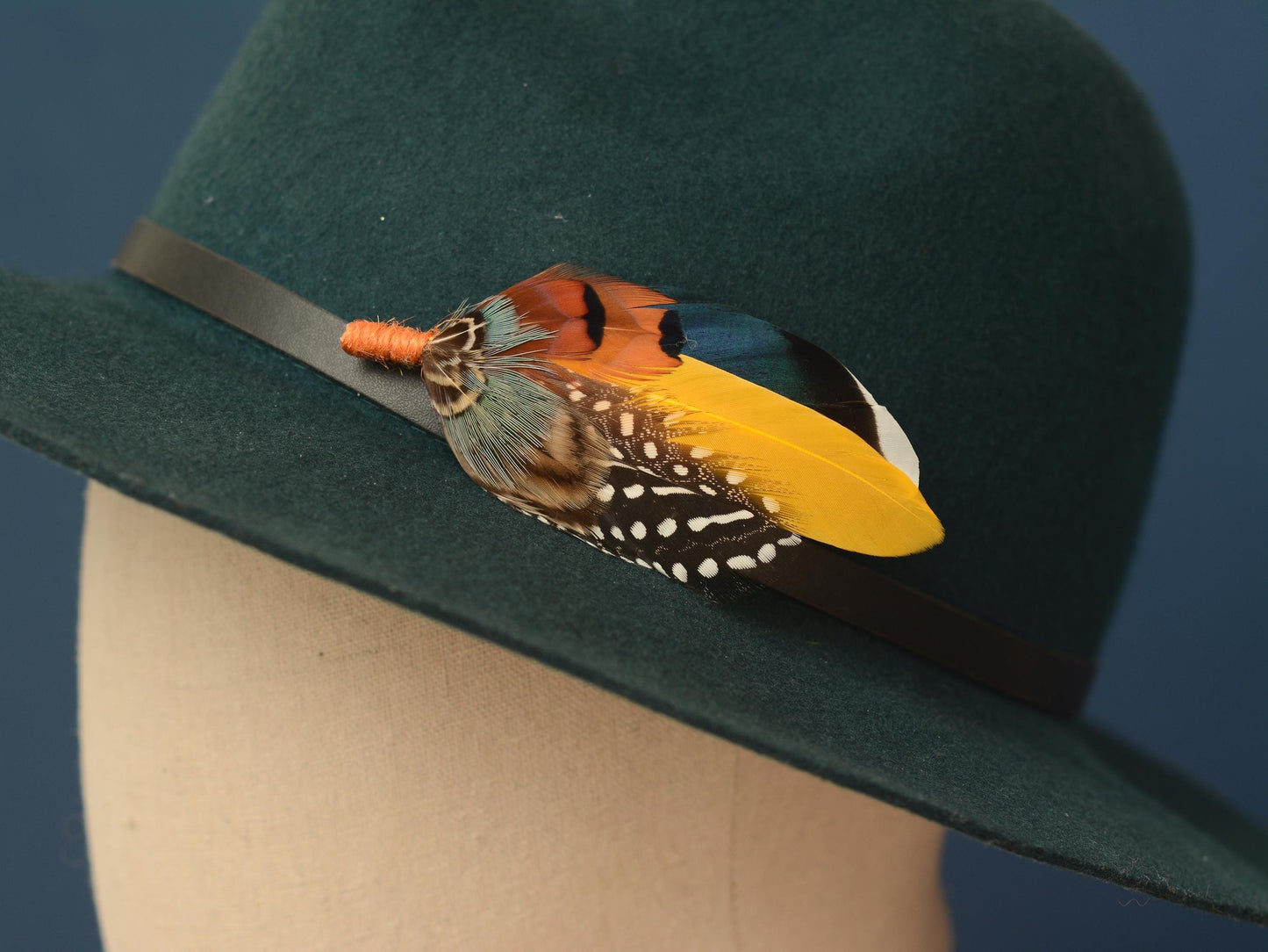 Navy Blue and Mustard Yellow Duck and Pheasant Feather Boutonniere / Feather Hat Pin