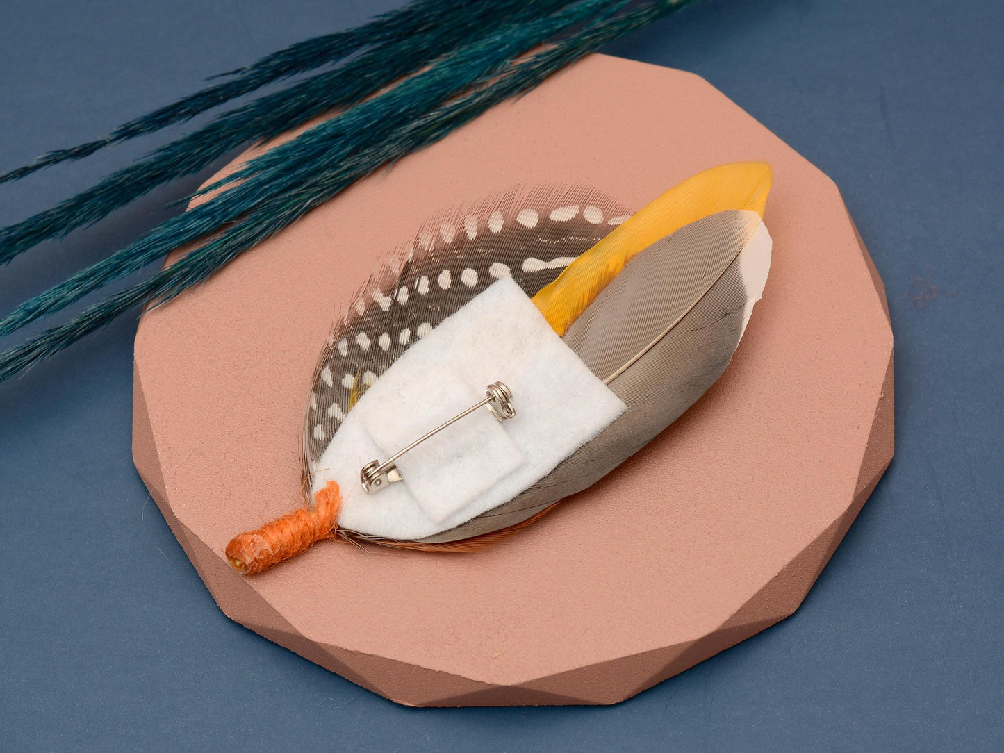 Navy Blue and Mustard Yellow Duck and Pheasant Feather Boutonniere / Feather Hat Pin