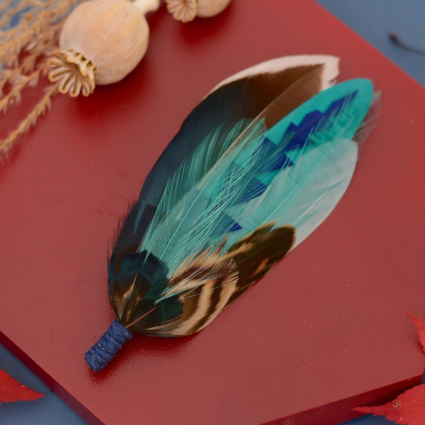 Duck Feather Brooch in Navy and Teal | Duck Feather Hat Pin | Duck Feather Boutonniere
