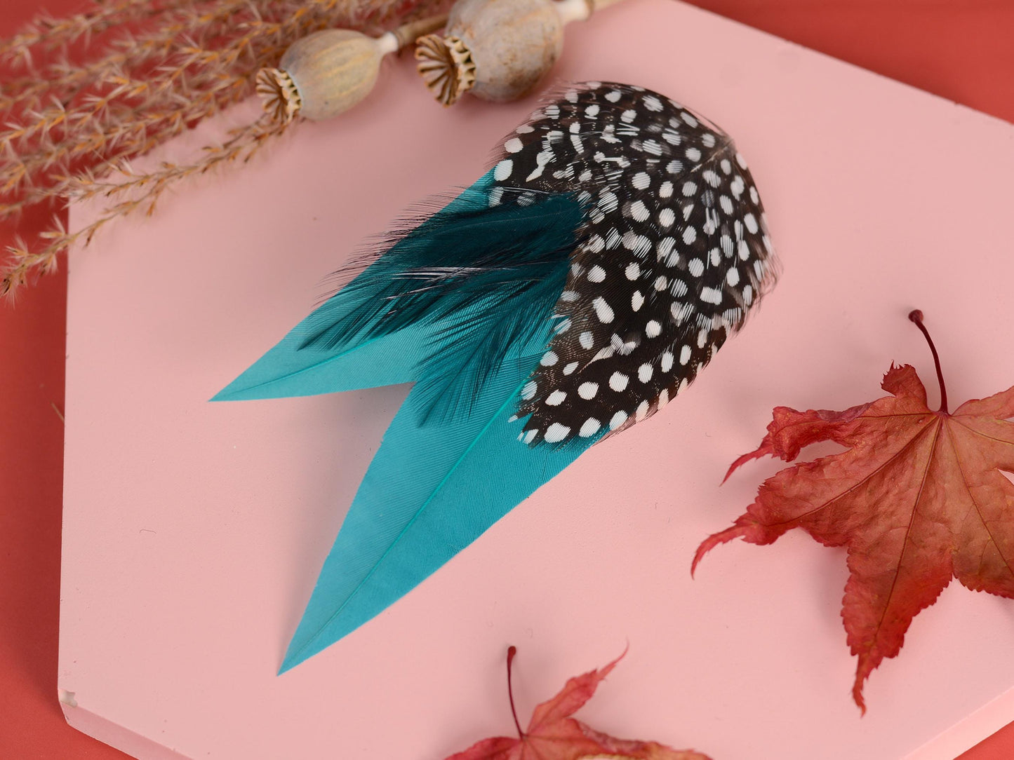 Teal Turquoise Feather Hair Clip with Spotted Feathers, Teal Feather Fascinator