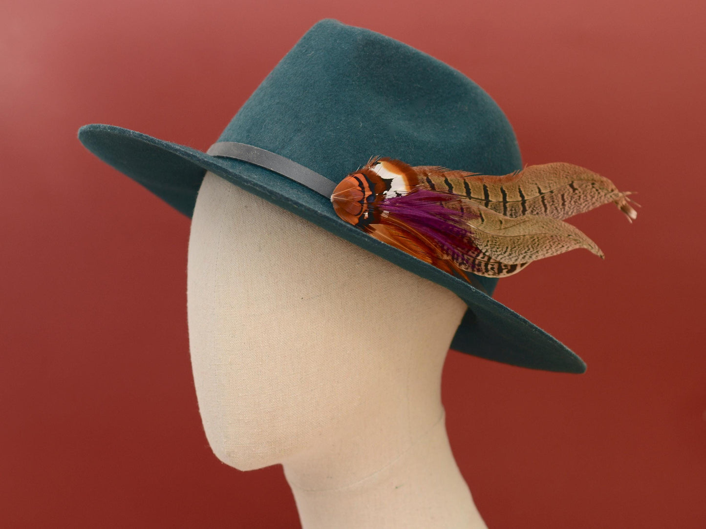 Plum and Copper Pheasant Feather Hat Pin / Lapel Pin No.119 | Unique Feather Boutonniere | Pheasant Feather Brooch