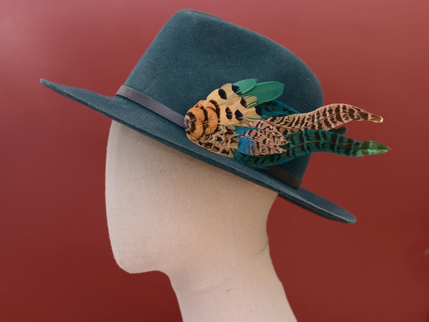 Green and Blue Pheasant Feather Hat Pin / Lapel Pin No.128 | Unique Feather Boutonniere | Pheasant Feather Brooch