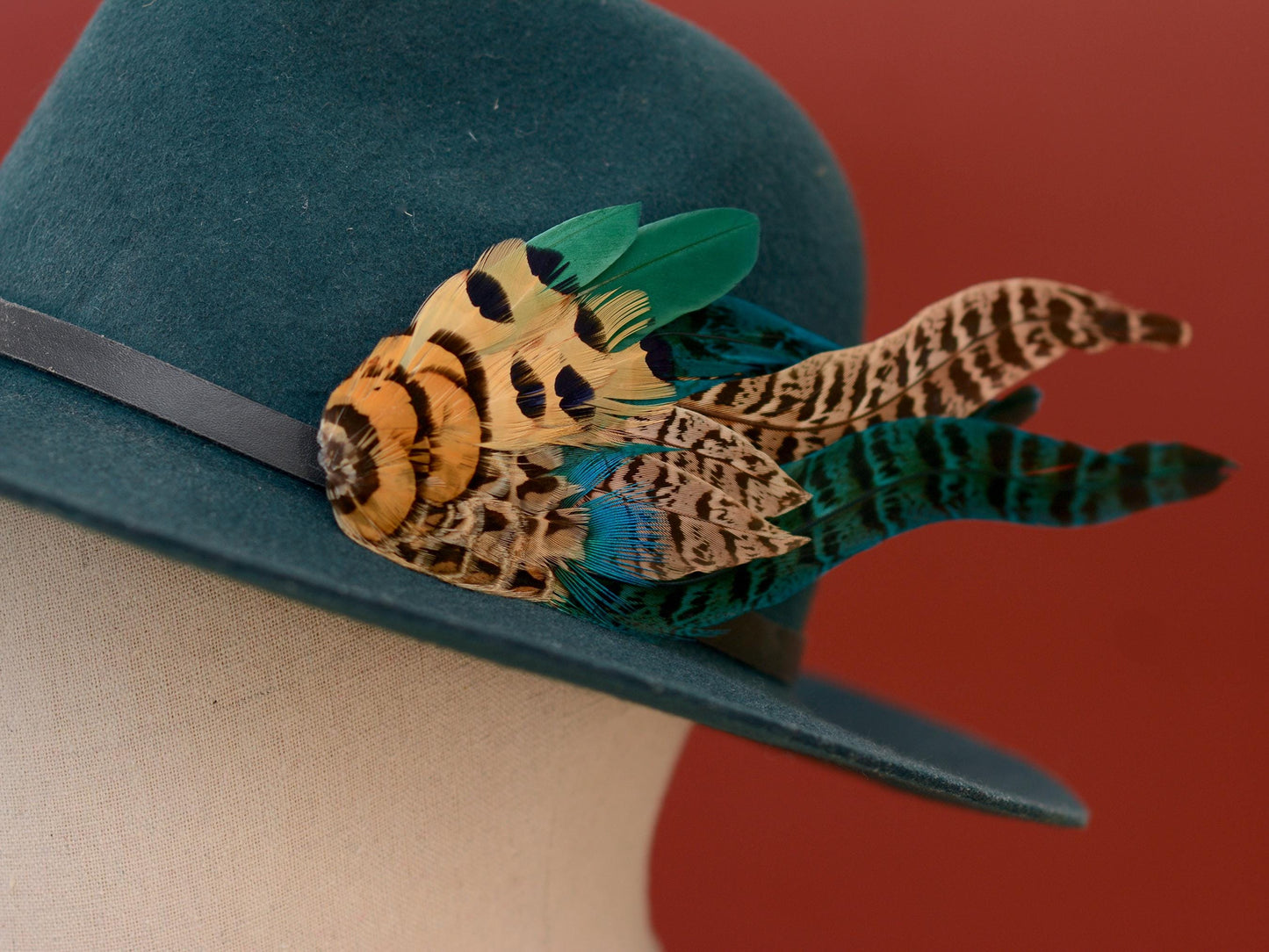 Green and Blue Pheasant Feather Hat Pin / Lapel Pin No.128 | Unique Feather Boutonniere | Pheasant Feather Brooch