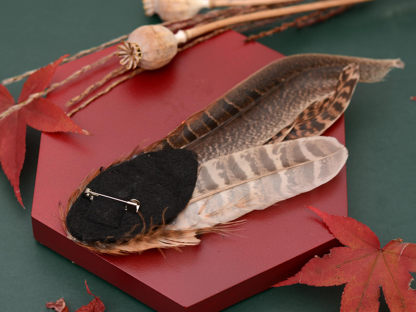 Pheasant Feather Hat Pin in Navy Blue, Copper and Blonde No.130 | Unique Feather Boutonniere | Pheasant Feather Brooch
