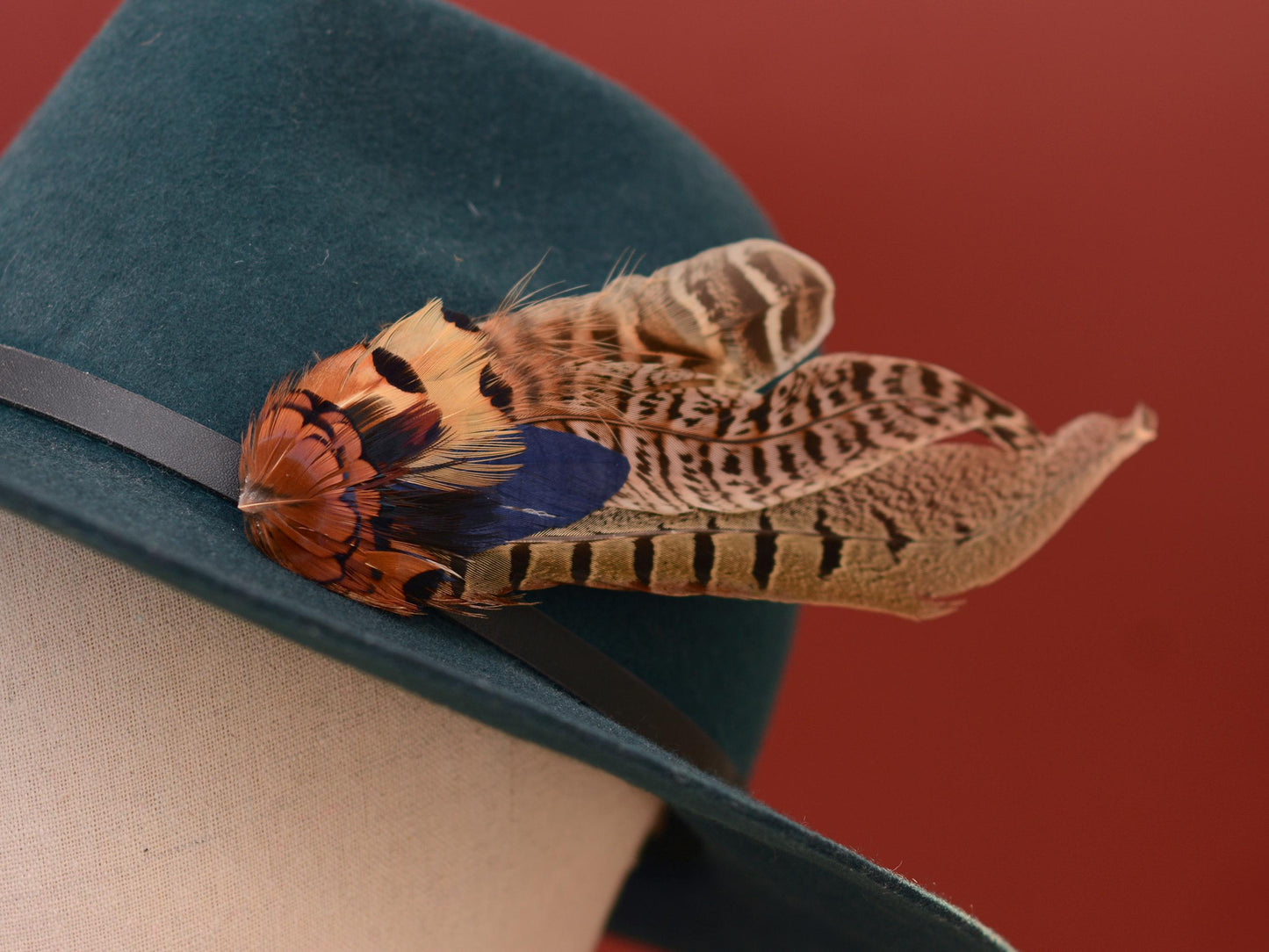 Pheasant Feather Hat Pin in Navy Blue, Copper and Blonde No.130 | Unique Feather Boutonniere | Pheasant Feather Brooch
