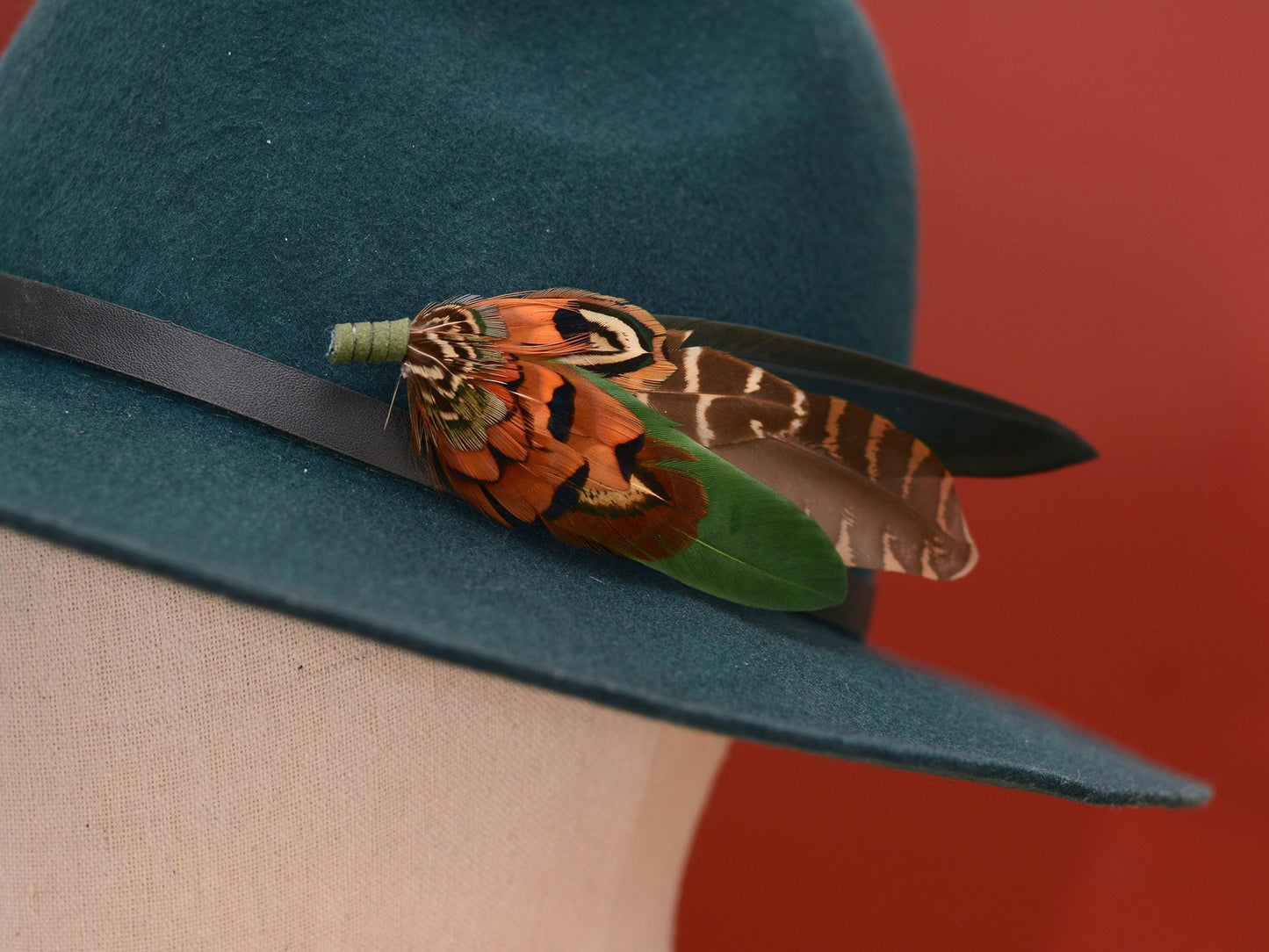 Pheasant and Duck Feather Hat Pin / Brooch in bottle Green and Copper No.272 | Unique Pheasant Feather Boutonniere | Feather Brooch