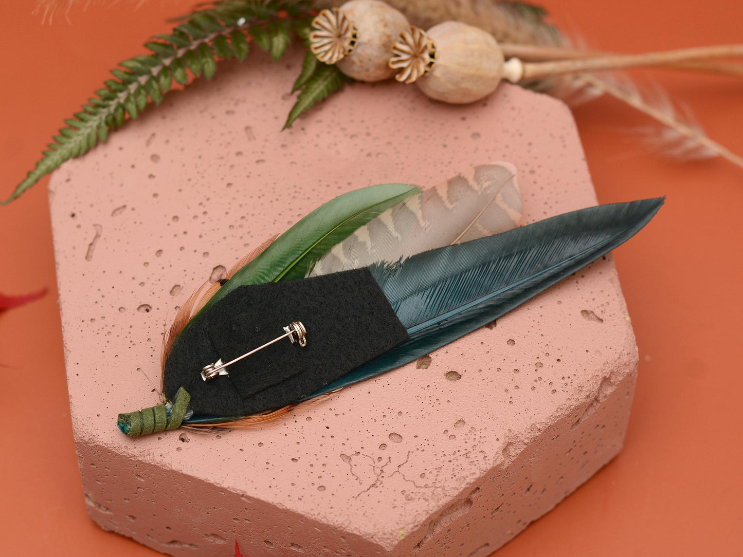 Pheasant and Duck Feather Hat Pin / Brooch in bottle Green and Copper No.272 | Unique Pheasant Feather Boutonniere | Feather Brooch