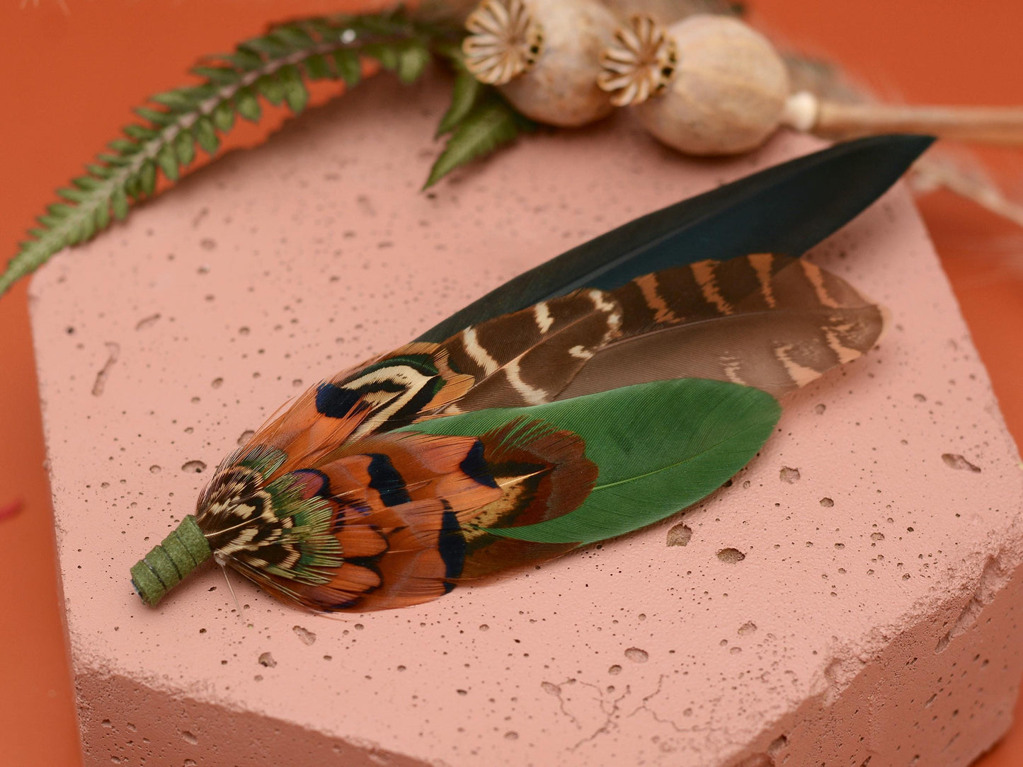 Pheasant and Duck Feather Hat Pin / Brooch in bottle Green and Copper No.272 | Unique Pheasant Feather Boutonniere | Feather Brooch