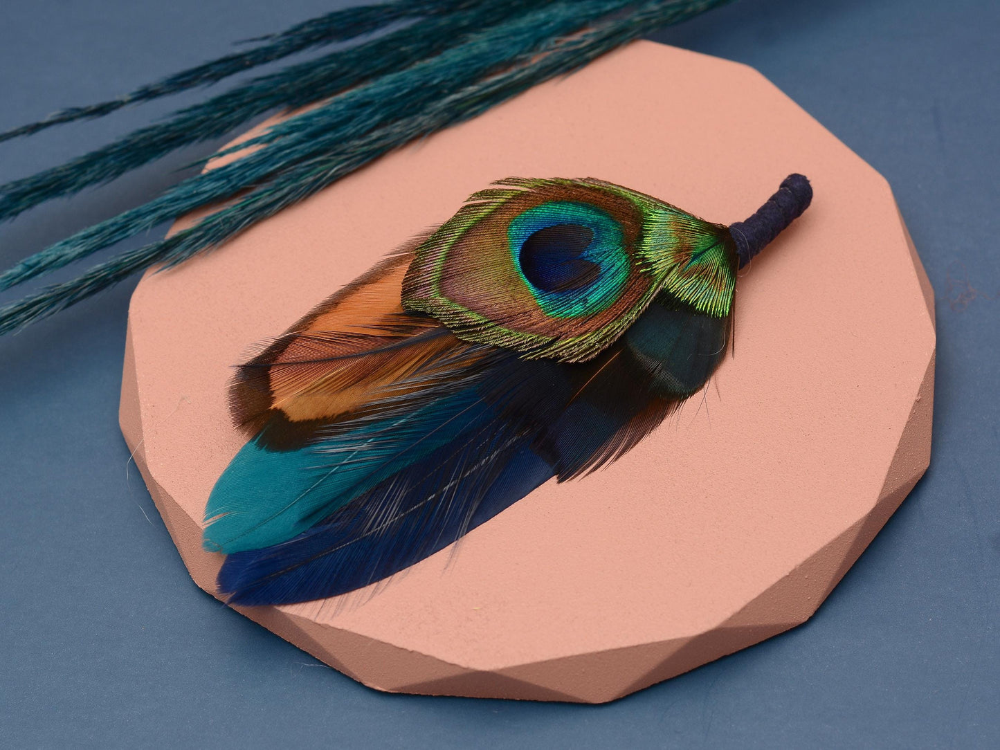 Navy and Teal Peacock Feather Boutonniere / Hat Pin | Peacock Feather Brooch