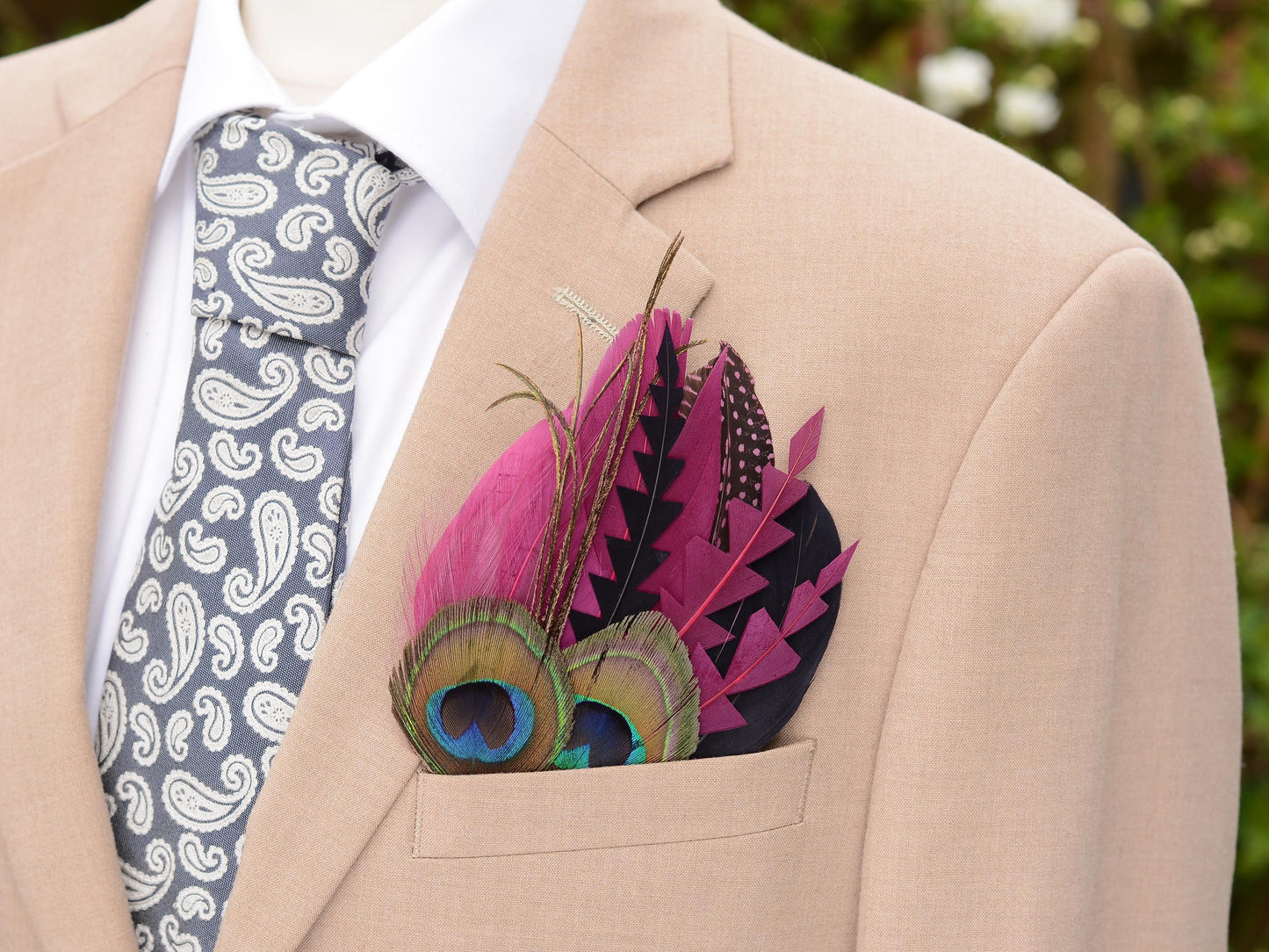 Plum Purple and Peacock Feather Pocket Square No.214 | Suit Accessory | Feather Neck Tie | Grooms Outfit | Groomsmen Gift