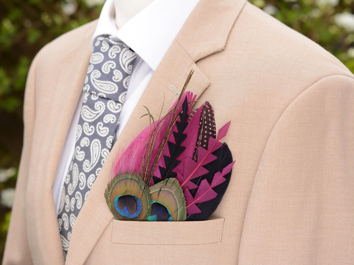 Plum Purple and Peacock Feather Pocket Square No.214 | Suit Accessory | Feather Neck Tie | Grooms Outfit | Groomsmen Gift