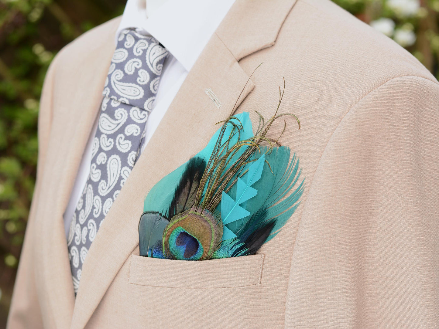 Peacock Feather Pocket Square in Shades of Teal and Turquoise No.238 | Suit Accessory | Feather Neck Tie | Grooms Outfit | Groomsmen Gift