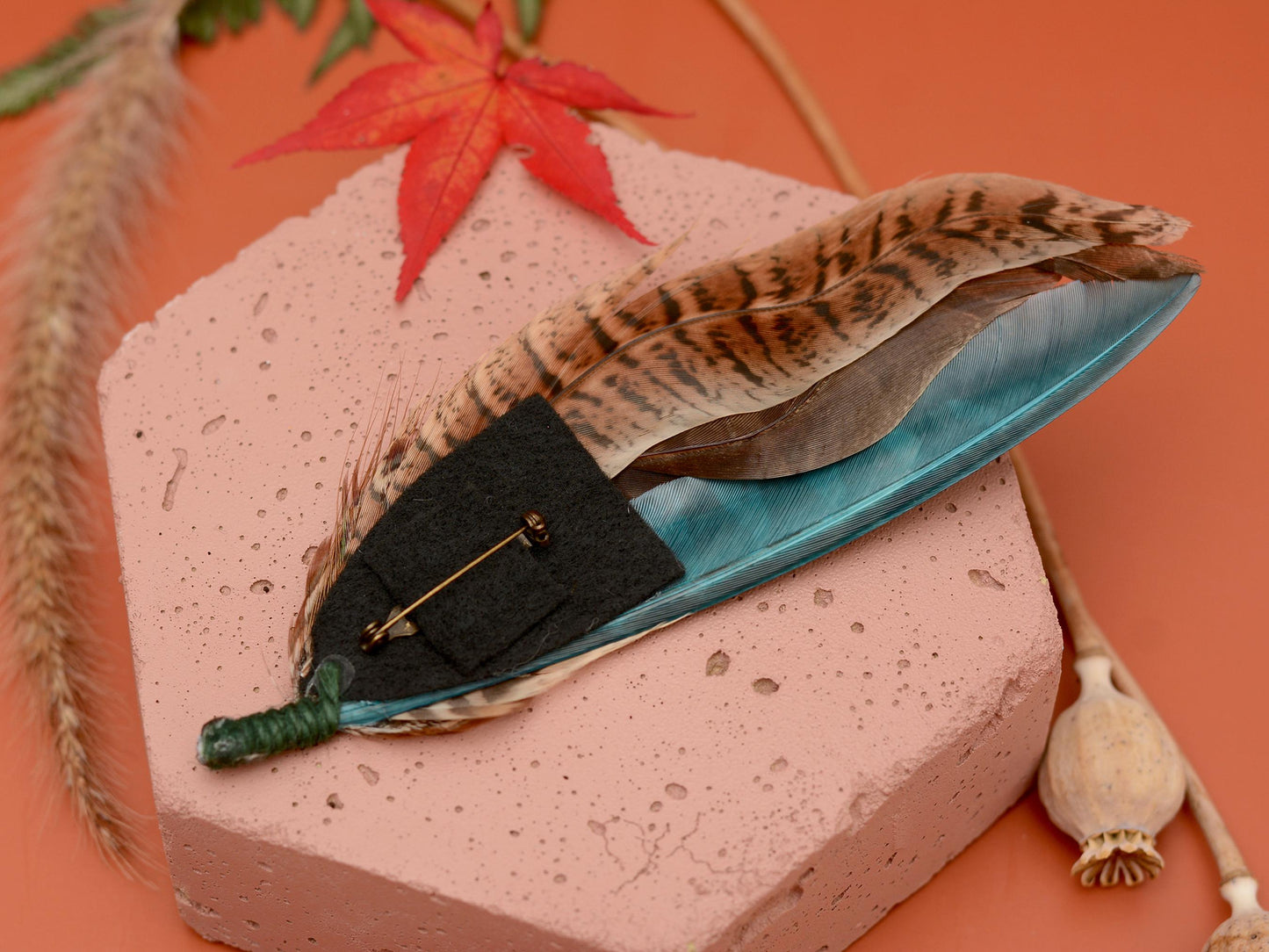 Pheasant Feather Hat Pin in Green and Browns No.300 | Unique Pheasant Feather Boutonniere | Feather Brooch