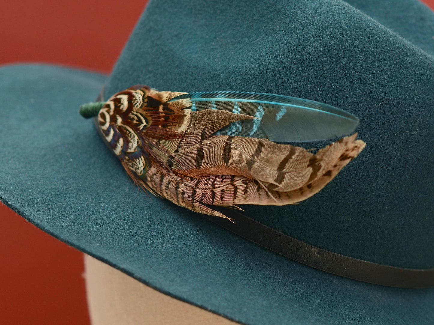 Pheasant Feather Hat Pin in Green and Browns No.300 | Unique Pheasant Feather Boutonniere | Feather Brooch