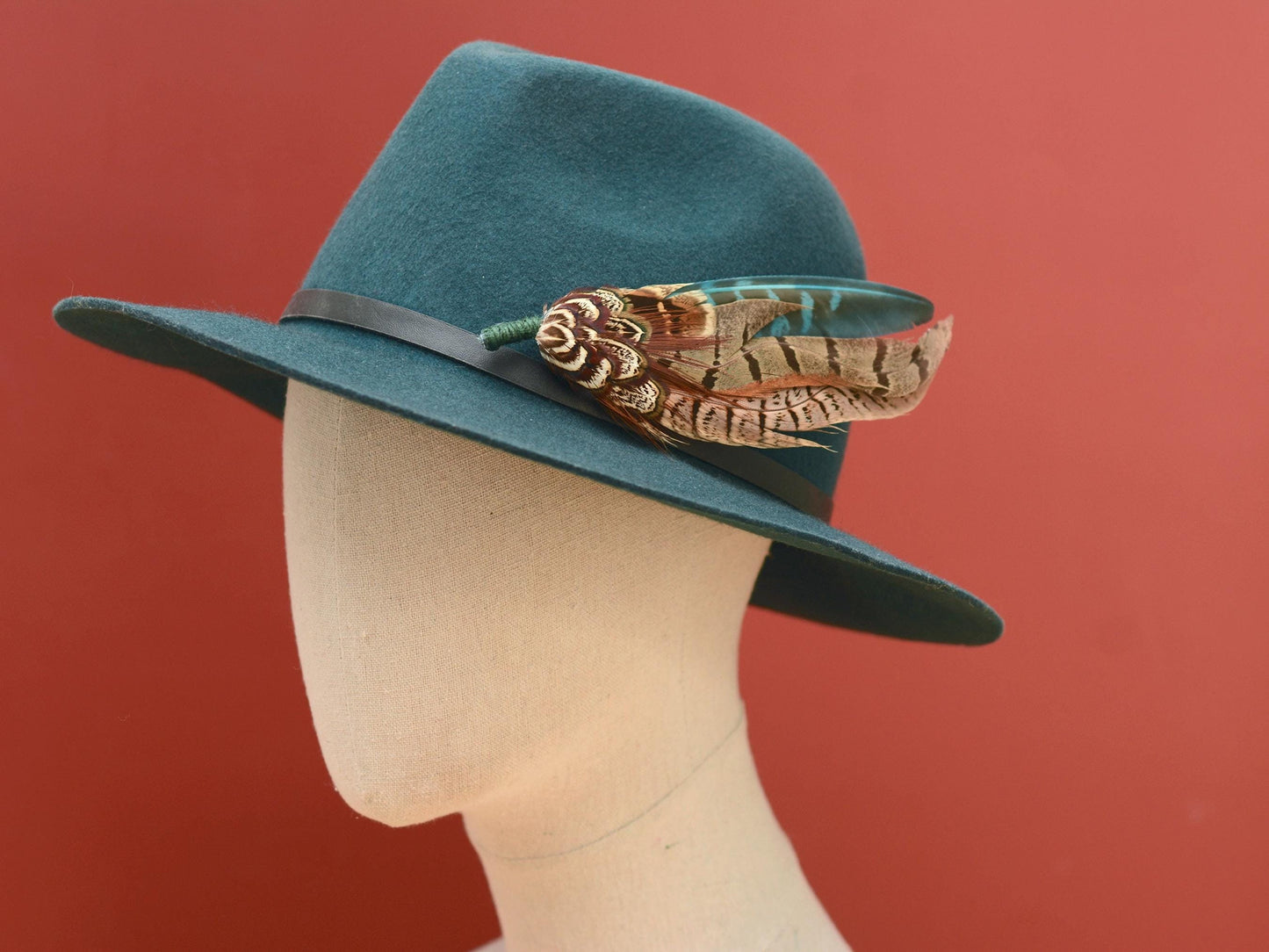 Pheasant Feather Hat Pin in Green and Browns No.300 | Unique Pheasant Feather Boutonniere | Feather Brooch