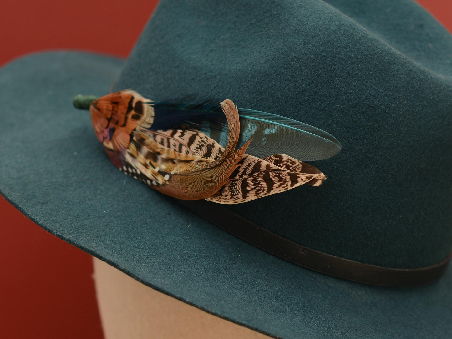 Pheasant Feather Hat Pin in Gren and Coper No.304 | Unique Pheasant Feather Boutonniere | Feather Brooch