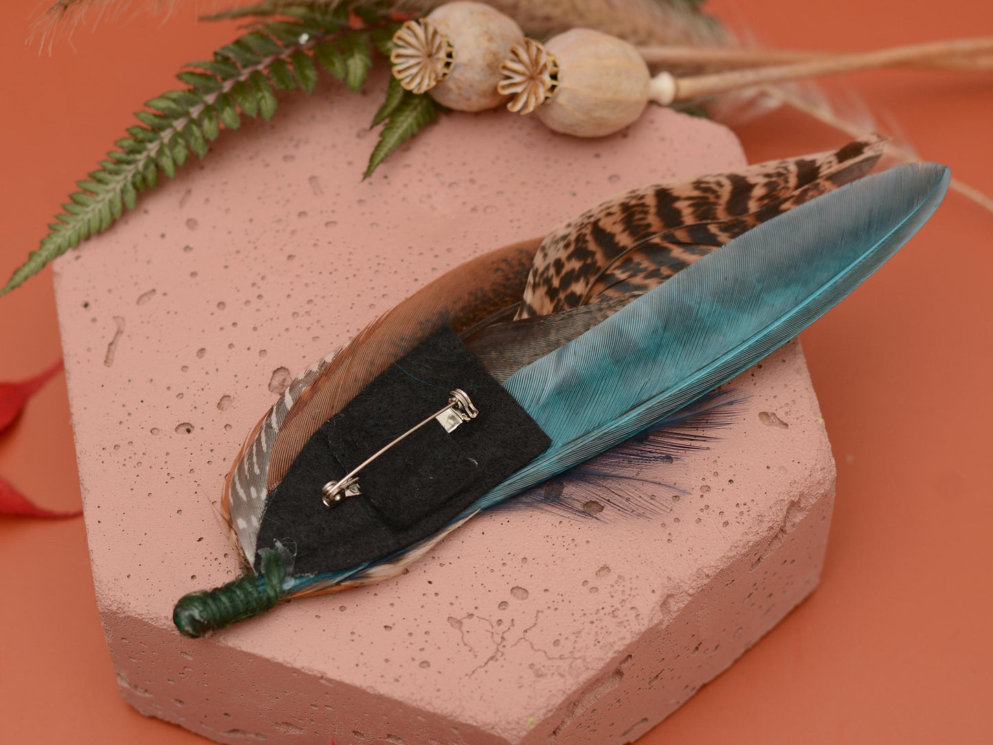 Pheasant Feather Hat Pin in Gren and Coper No.304 | Unique Pheasant Feather Boutonniere | Feather Brooch