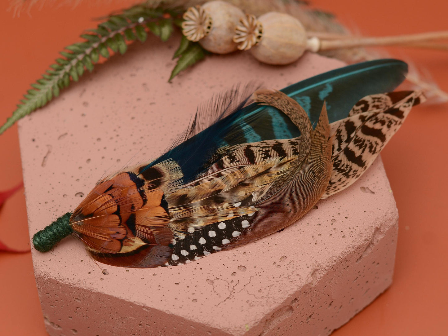 Pheasant Feather Hat Pin in Gren and Coper No.304 | Unique Pheasant Feather Boutonniere | Feather Brooch