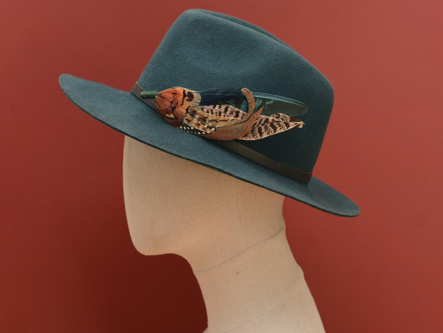Pheasant Feather Hat Pin in Gren and Coper No.304 | Unique Pheasant Feather Boutonniere | Feather Brooch