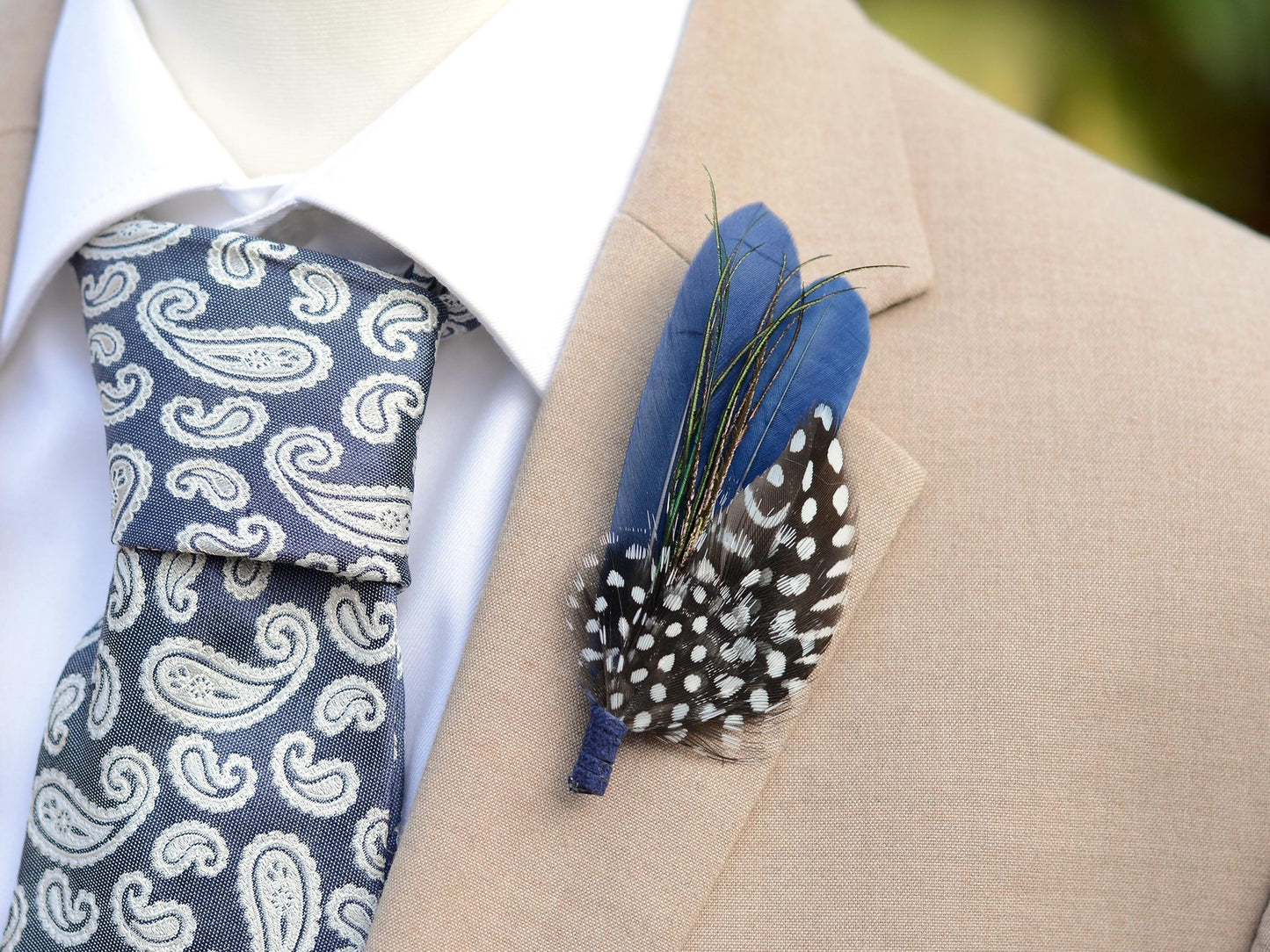 Navy Blue and Spotted Feather Boutonniere | Feather Brooch | Feather Hat Pin | Feather Corsage