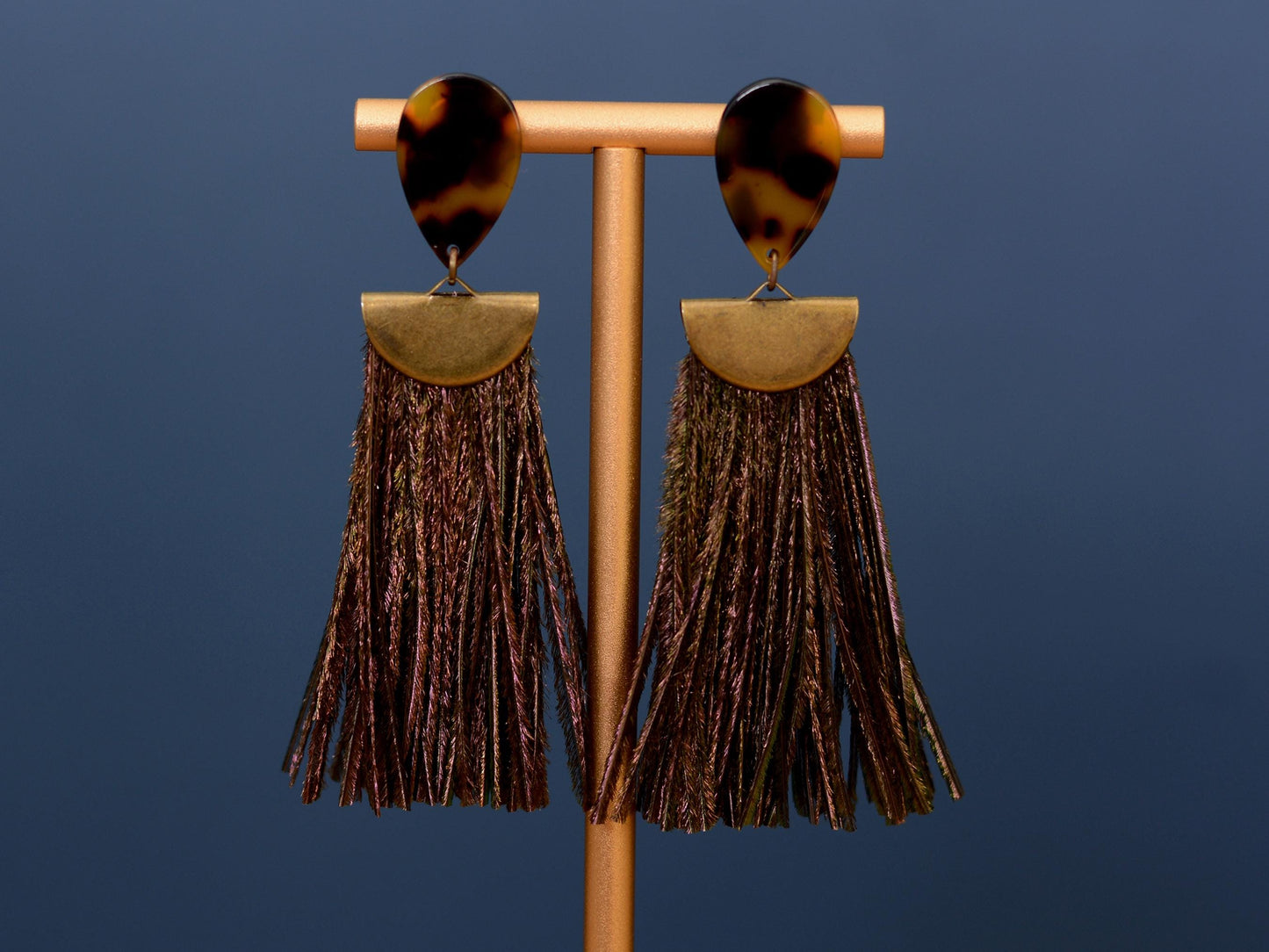 Gatsby - Peacock Feather Tassel Earrings in Tortoiseshell Acetate and Shimmering Green | Feather Jewellery | Statement Earrings