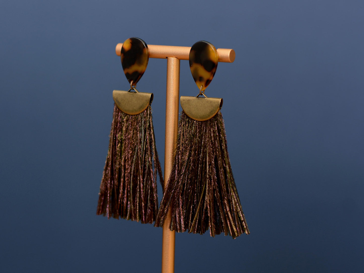 Gatsby - Peacock Feather Tassel Earrings in Tortoiseshell Acetate and Shimmering Green | Feather Jewellery | Statement Earrings