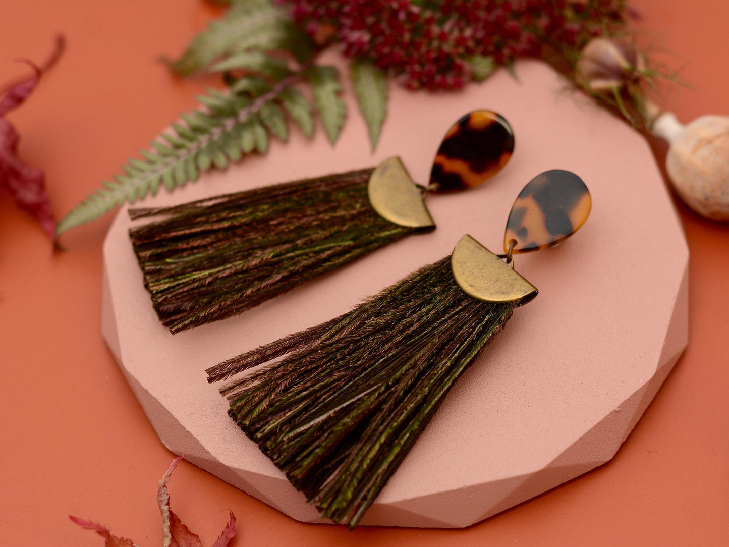 Gatsby - Peacock Feather Tassel Earrings in Tortoiseshell Acetate and Shimmering Green | Feather Jewellery | Statement Earrings