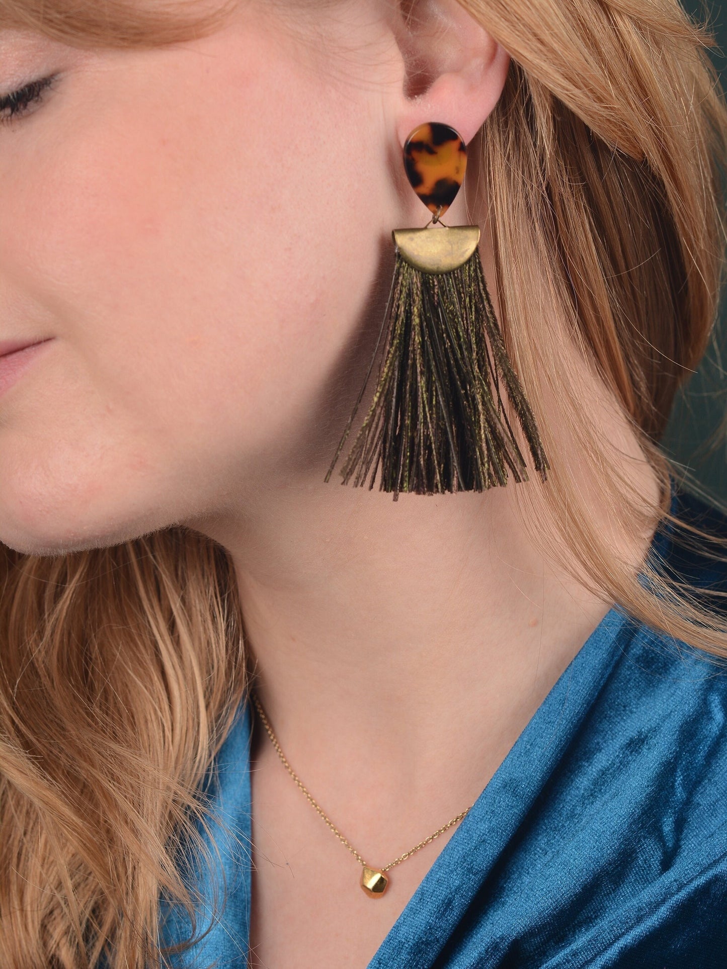 Gatsby - Peacock Feather Tassel Earrings in Tortoiseshell Acetate and Shimmering Green | Feather Jewellery | Statement Earrings