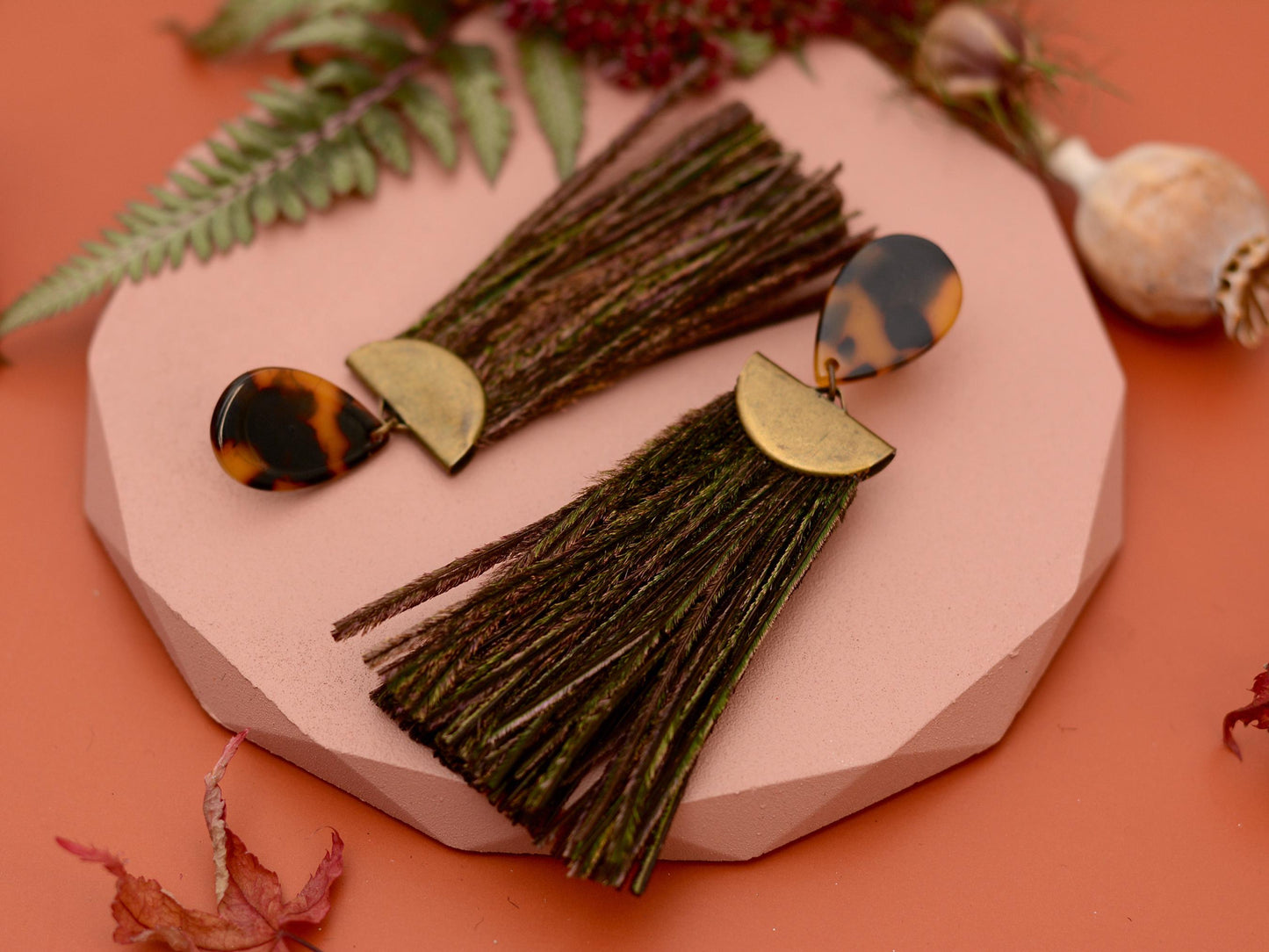 Gatsby - Peacock Feather Tassel Earrings in Tortoiseshell Acetate and Shimmering Green | Feather Jewellery | Statement Earrings