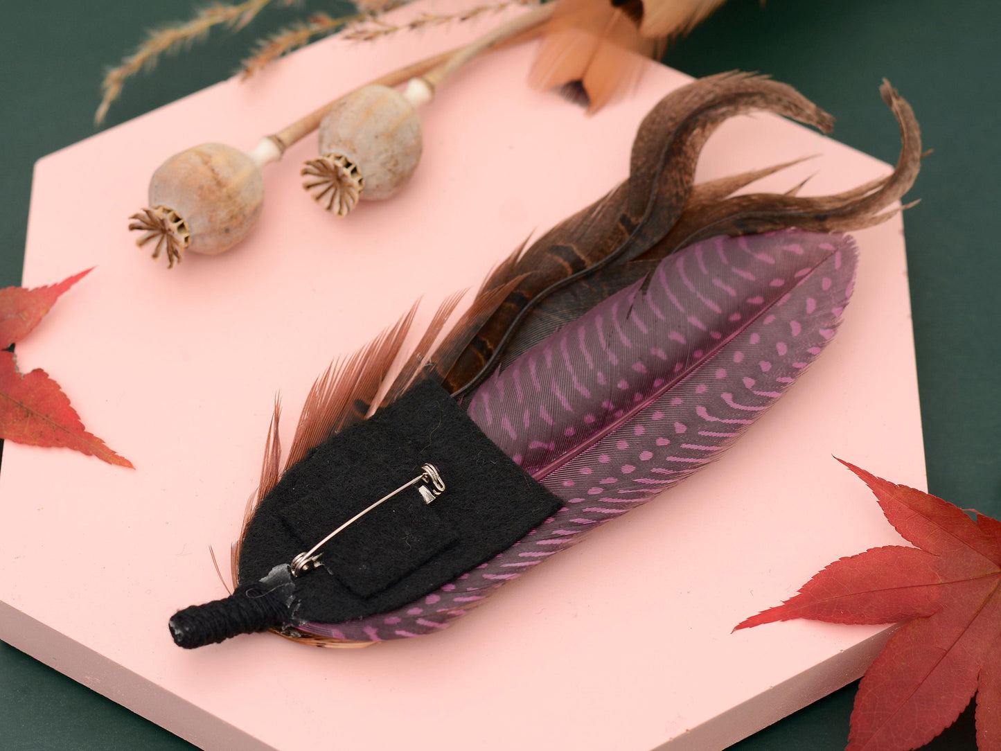 Large Feather Hat Pin in Plum Purple and Copper Pheasant No.307 Unique Pheasant Feather Boutonniere