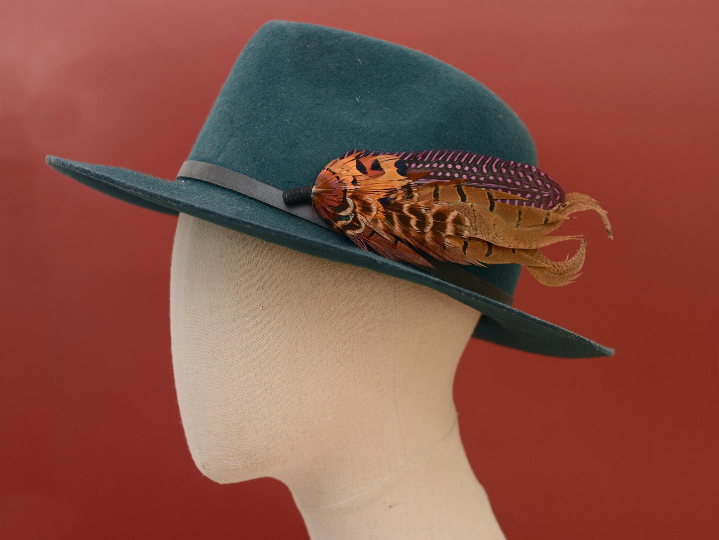 Large Feather Hat Pin in Plum Purple and Copper Pheasant No.307 Unique Pheasant Feather Boutonniere