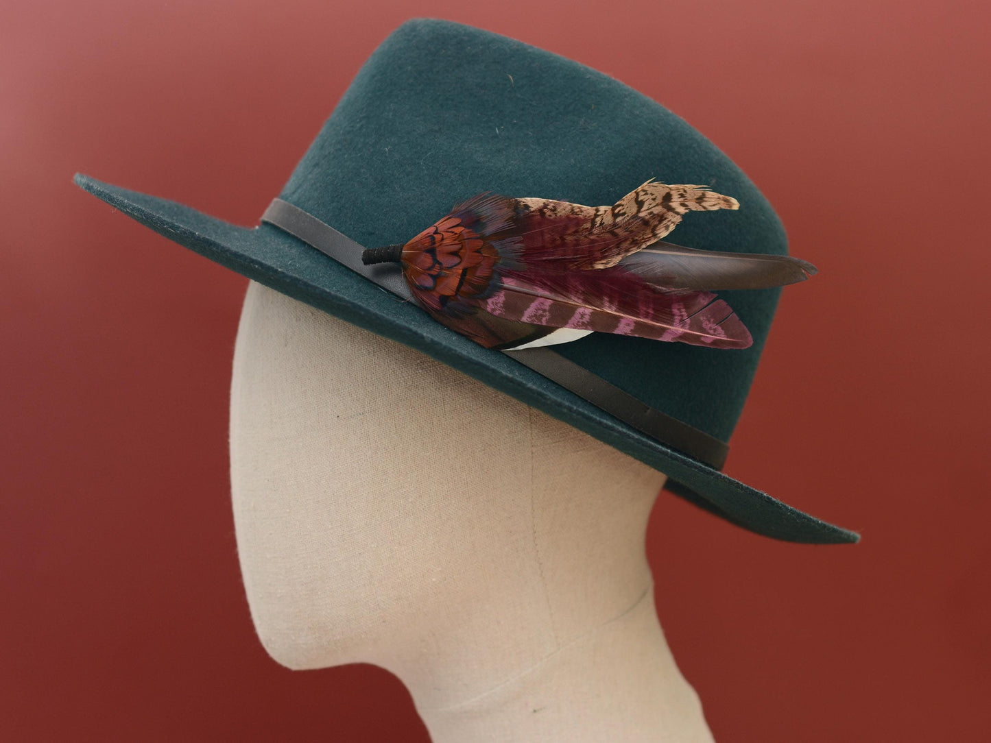 Feather Hat Pin in Plum and Burgundy No.311 | Pheasant Feather Boutonniere / Brooch