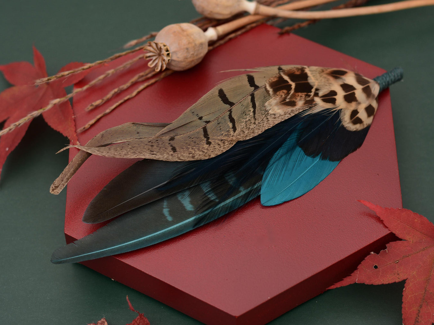 Pheasant Feather Hat Pin Brooch in Teal and Green No.308 | Unique Pheasant Feather Boutonniere | Peacock Feather Brooch