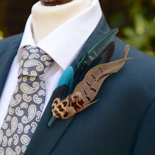 Pheasant Feather Hat Pin Brooch in Teal and Green No.308 | Unique Pheasant Feather Boutonniere | Peacock Feather Brooch
