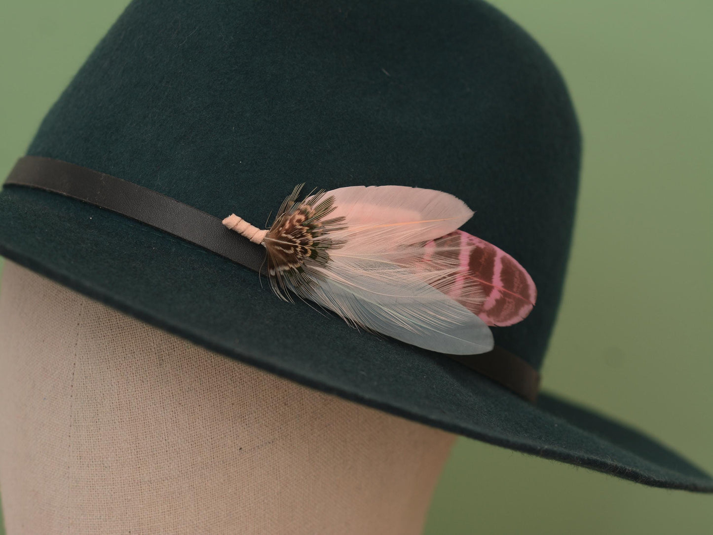 Feather Brooch Pin in Sage Green and Blush Pink | Pheasant Feather Boutonniere | Feather Hat Pin
