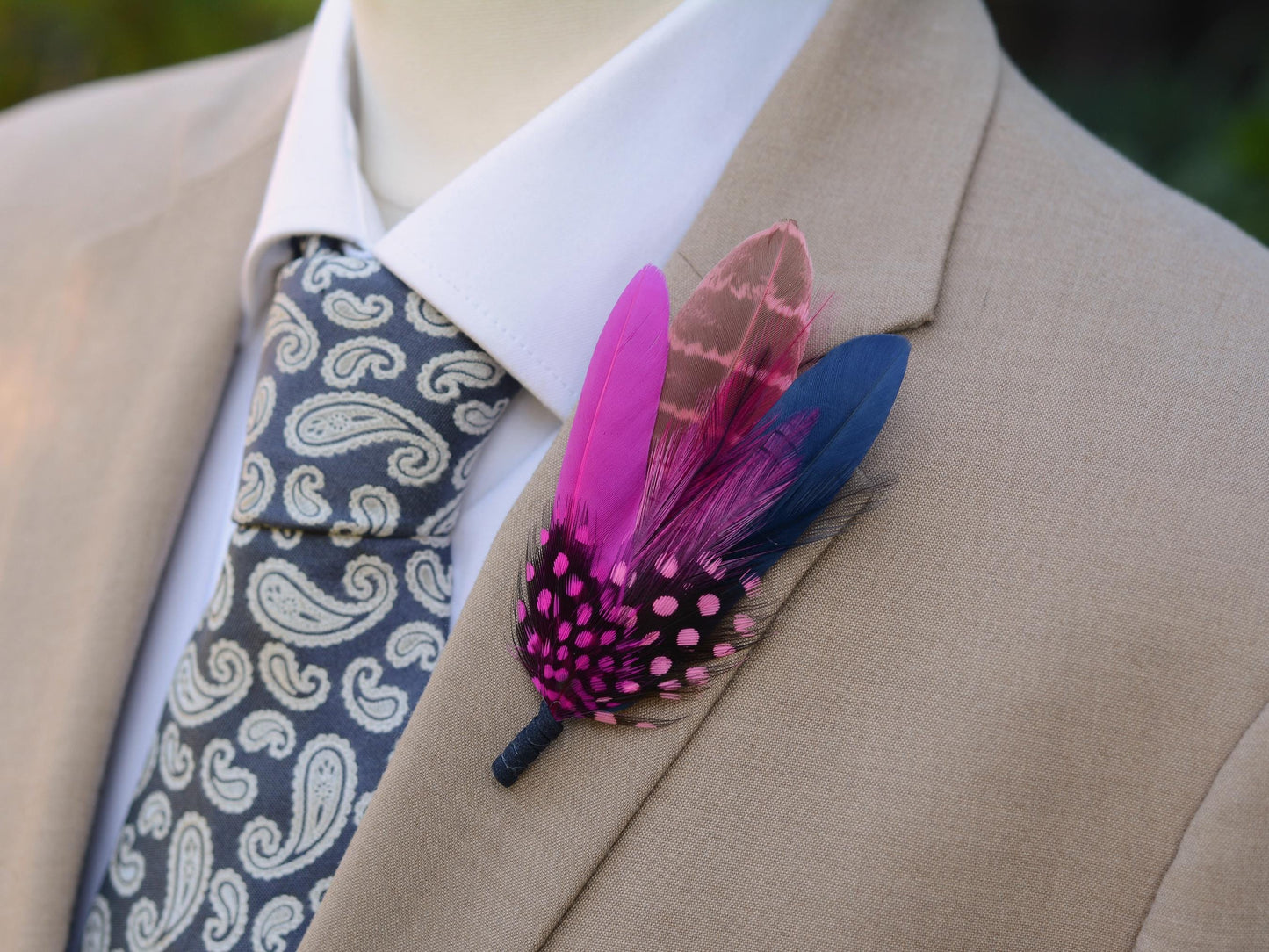 Dyed Feather Brooch Pin in Navy Blue and Hot Pink | Pheasant Feather Boutonniere | Feather Hat Pin