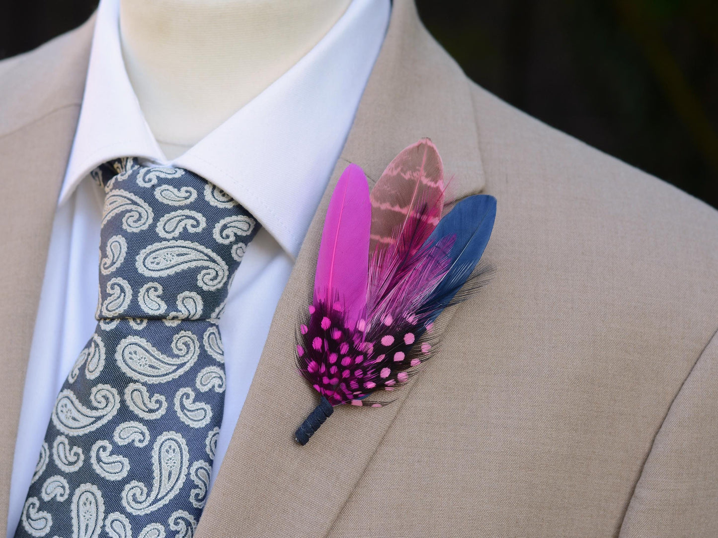 Dyed Feather Brooch Pin in Navy Blue and Hot Pink | Pheasant Feather Boutonniere | Feather Hat Pin