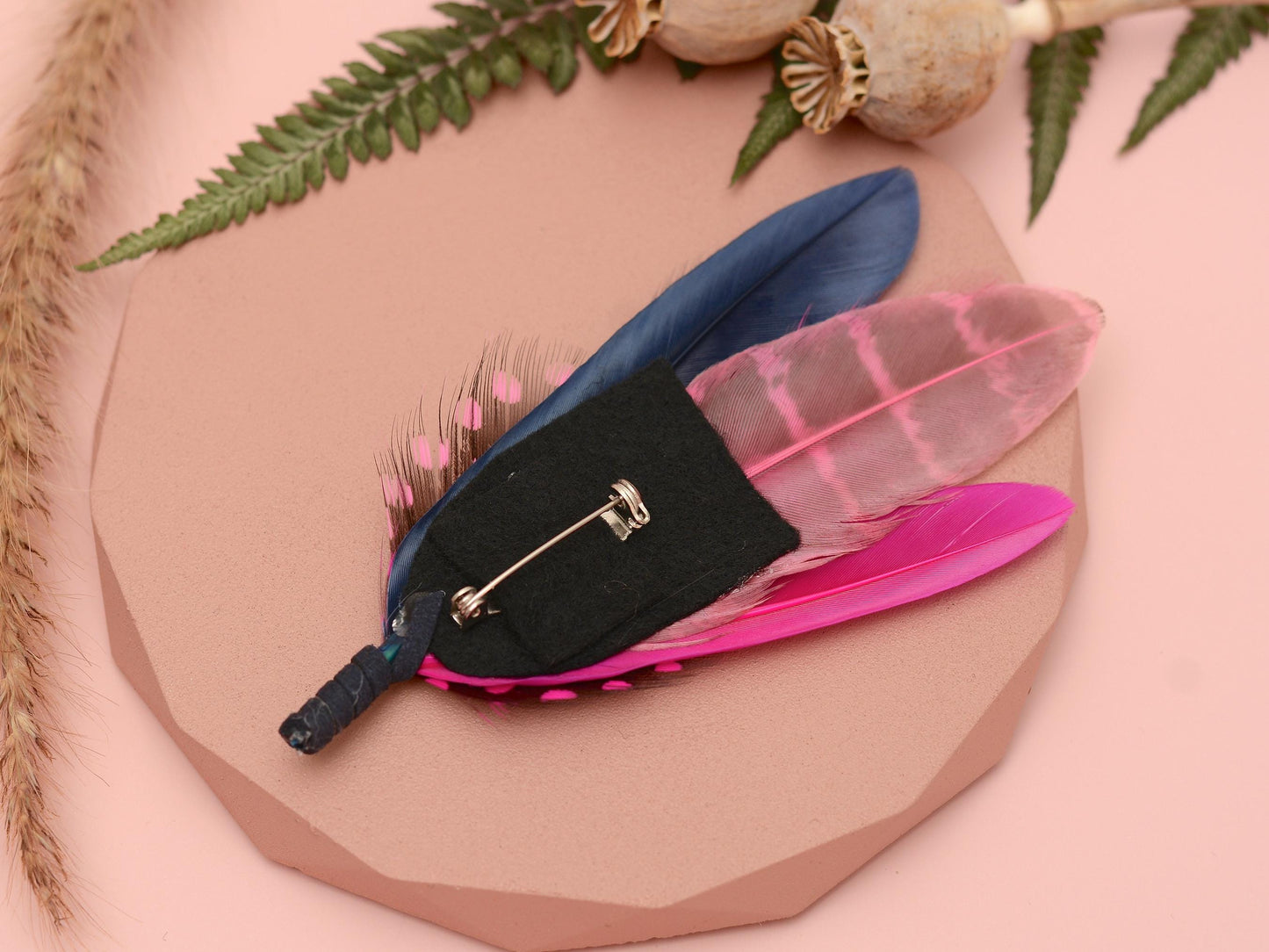 Dyed Feather Brooch Pin in Navy Blue and Hot Pink | Pheasant Feather Boutonniere | Feather Hat Pin