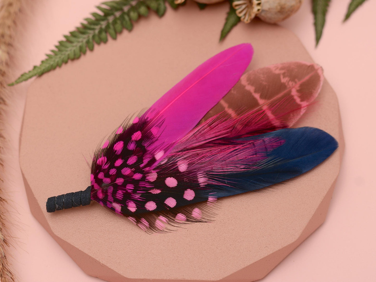 Dyed Feather Brooch Pin in Navy Blue and Hot Pink | Pheasant Feather Boutonniere | Feather Hat Pin