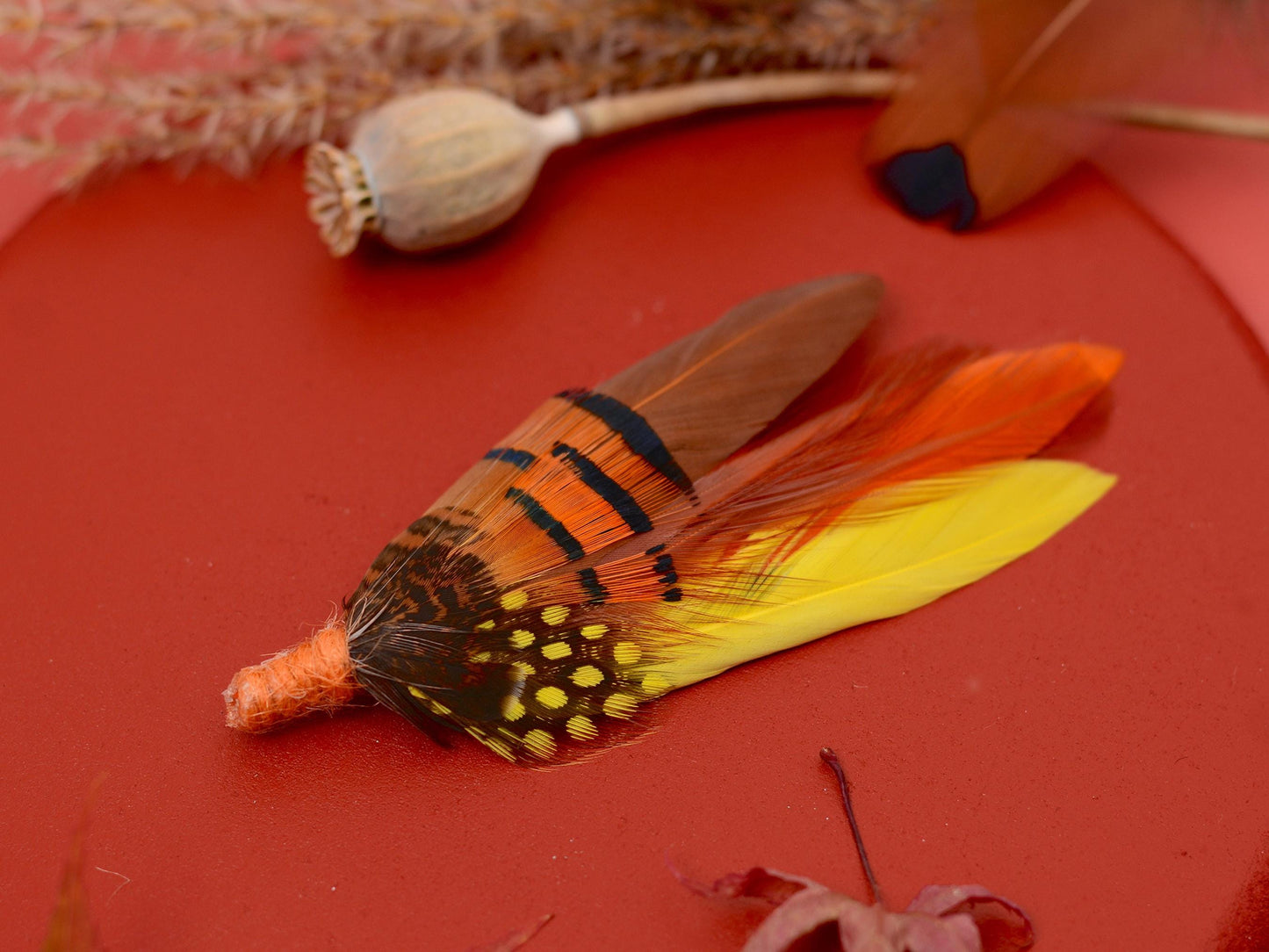 Feather Hat Pin Brooch in Fall Colours Yellow and Burnt Orange | Feather Boutonniere | Feather Brooch | Pheasant Feather Pin