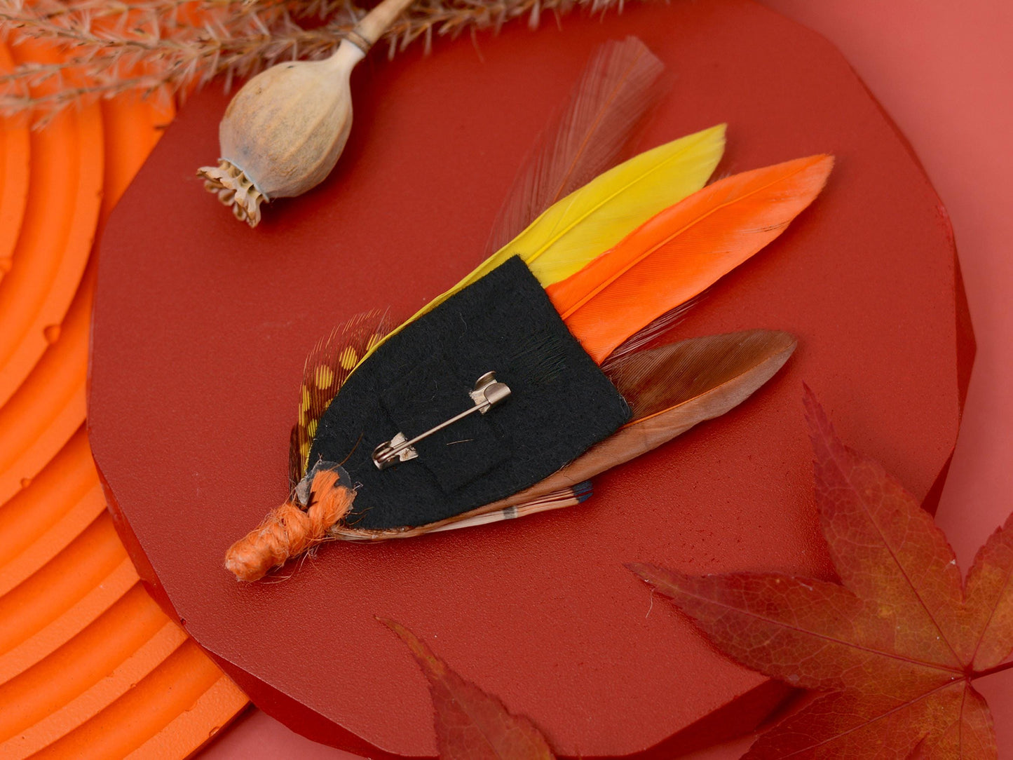 Feather Hat Pin Brooch in Fall Colours Yellow and Burnt Orange | Feather Boutonniere | Feather Brooch | Pheasant Feather Pin