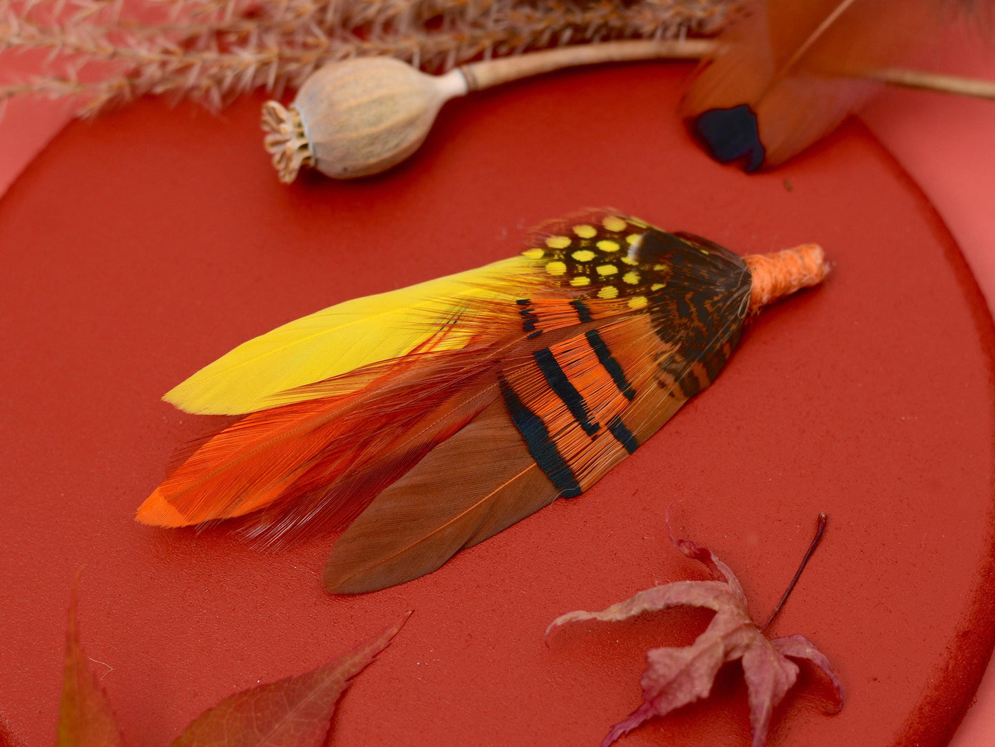 Feather Hat Pin Brooch in Fall Colours Yellow and Burnt Orange | Feather Boutonniere | Feather Brooch | Pheasant Feather Pin