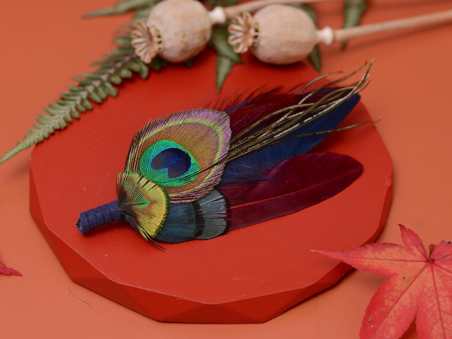 Burgundy and Navy Peacock Feather Boutonniere Pin / Hat Pin
